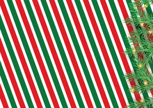 Stripes Candy Cane Pattern With Christmas Tree Green Branches. Diagonal Straight Lines Christmas Background. Red And White Peppermint Wrapping Paper. Simple Trendy Backdrop Illustration