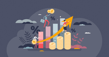 Economy forecast as future financial situation prediction tiny person concept. Stock market growth with wealth upward trend and increase budget vector illustration. Banking percentage improvement.