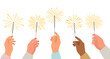 Sparklers in human hands. Friends celebrating with burning sparklers in hands. Celebration of New Year, birthday, Christmas. Vector illustration isolated on white background.