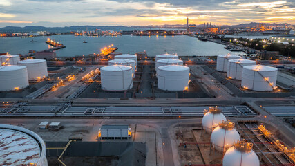 Aerial view oil terminal industrial facility storage tank oil and petrochemical product for transport storage facility, Storage tank petroleum petrochemical refinery product at oil terminal.