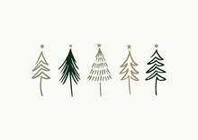 Set Of Hand Drawn Abstract Linear Christmas Trees. Simple Vector Illustration Ideal For Holiday Greeting Cards.