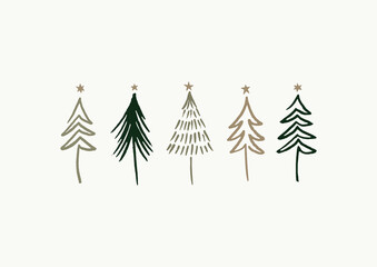 Wall Mural - Set of Hand Drawn Abstract Linear Christmas Trees. Simple Vector Illustration Ideal for Holiday Greeting Cards.