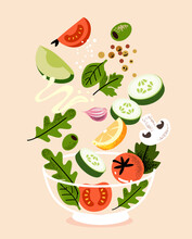 Salad In Vegetable Bowl. Fresh And Healthy Food. Vegetarian Nutrition.