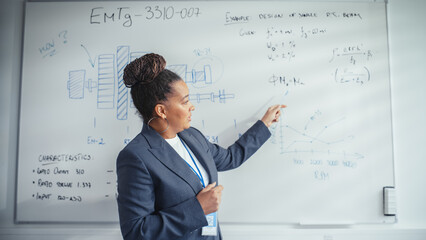 Leinwandbilder - Online e-Education Concept: Black Teacher Gives Lesson to a Classroom, Standing Infront Whiteboard with Notes. E-Learning, Online Courses: Lecturer does Video Call, Explains Comlex Subjects.