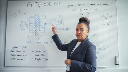 Leinwandbilder - Online e-Education Concept: Black Teacher Gives Lesson to a Classroom, Standing Infront Whiteboard with Notes. E-Learning, Online Courses: Lecturer does Video Call, Explains Complicated Subjects.