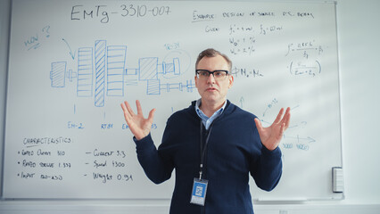 Aufkleber - Professional Male Teacher Gives Presentation, Uses Whiteboard with Statistical Information and Charts to Illustrate Solution Options During Video Call. E-Learning and Online Education Concept.