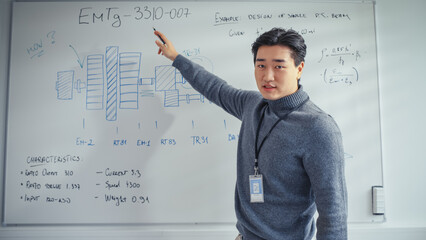 Poster - Portrait of Asian Professor Giving Speach at Online Conference. Using Whiteboard with Statistical Information Illustrating Solution Options on Video Call. E-Learning and Online Education Concept.