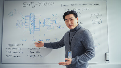 Poster - Portrait of Asian Professor Giving Speach at Online Conference Video Call. Using Whiteboard with Statistical Information Illustrating Solution Options. E-Learning and Remote Education Concept.