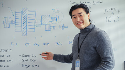 Poster - Portrait of Asian Professor Giving Speach at Online Conference Video Call. Using Whiteboard with Statistical Information Illustrating Solution Options. E-Learning and Remote Education.
