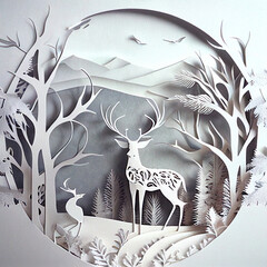 Wall Mural - festive christmas concept with white paper cut elements background.