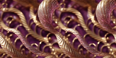 Seamless purple luxury background with golden curve glittering elements and glitter light effect decoration.Digital painting 3D.