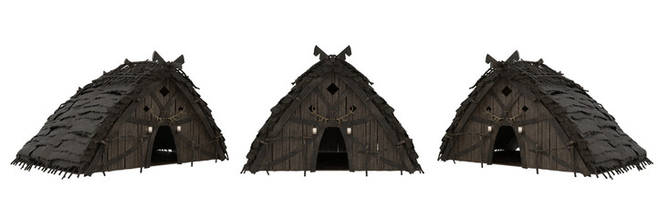 Poster - Isoated wooden medieval viking house. 3D rendering with 3 angles.
