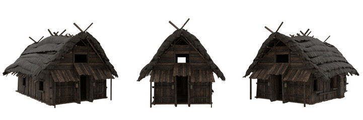 Poster - Set of 3 views of viking medieval wooden building. Isolated 3D illustration.