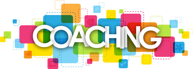 Sticker - COACHING typography banner with colorful squares on transparent background