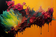 Liquid Oil Paint Splashed On Canvas, A Juicy Guava Explosion, Hibiscus,background.