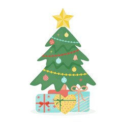 Wall Mural - Decorated Christmas tree with gift boxes, a star, decorative balls and garlands. Vector illustration of a flat style.
