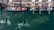 Leinwandbild Motiv Aerial top view container ship global business logistic transportation import export container box, Container cargo ship boat freight shipping maritime commercial port, Cargo vessel industrial port.
