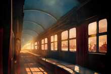 Digital Illustration Of An Empty Train Carriage On A Journey In Winter. Inside Of A Train Wagon With Windows And Golden Sunset Light Coming In. Fantasy Dreamy Interior In A Winter Express Train.