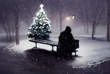 Digital Watercolour Illustration Of Lonely Man Sitting On Bench On Christmas Evening. Spending Christmas Alone In A Sadness Filled Concept Art. Lonesome And Bleak Holiday Season Of People With No One