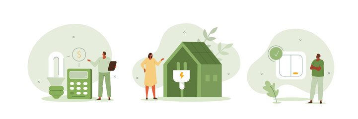 Wall Mural - Sustainability illustration set. Energy consumption in household. Characters using energy efficient devices, paying less and saving money. Power save concept. Vector illustration.