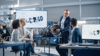 Aufkleber - Team of Diverse Engineers Using Laptop and Tablet to Analyse Electric Vehicle Engine In the Research Laboratory. Modern Industry 4 Sustainable Energy and Emission Reduction Technology Concept.