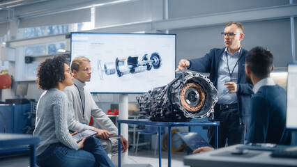 Poster - Male Engineer Talks about Performance of Turbine Engine to a Group of Young Specialists. People Work on Digitalisation of Green Electric Energy. Man Points at Graphics on Big Screen and Talks.