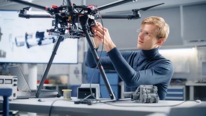 Poster - Young Caucasian Male Engineer Installs Processor in the Drone and Types on Laptop. Designing Unmanned Aerial Vehicle in Modern Laboratory. Breakthrough in Aviation Industries Concept.