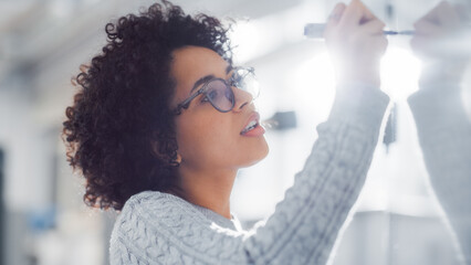 Poster - Smart Female Scientist Pondering and Writing Various High School Maths Formulas on Whiteboard. Searching Solutions for Complicated Mathematical Problems. Higher Education Concept.