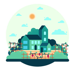 Three buildings on the vineyard field, flat cartoon illustration round frame