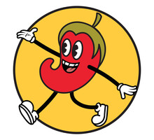 Vintage Cartoon Flat Character Of A Red Pepper Mascot, Vector Illustration, Logo, Sticker Design Concept