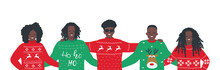 Ugly Christmas Sweater Party. Happy Young Black People In Red And Green Christmas Sweaters. Best Friends Are Stand Together And Hug. Vector Holiday Illustration.