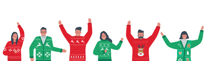 Wall Mural - Ugly Christmas Sweater Party. Happy young people in red and green Christmas sweaters are dancing. Holiday vector illustration
