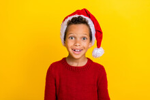 Photo Portrait Of Adorable Little Pupil Boy Excited Ready Christmas Wear Trendy Red Knitwear Outfit Isolated On Yellow Color Background