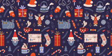 Christmas Seamless Pattern With Cute Winter Cozy Elements On A Dark Background, Cartoon Style. Trendy Modern Vector Illustration, Hand Drawn, Flat