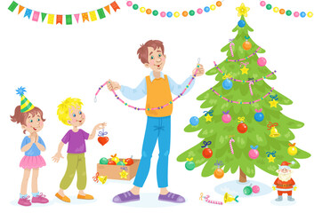 Poster - Father and children decorate a Christmas tree. In cartoon style. Isolated on white background. Vector illustration.