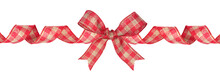 Red And Brown Gingham Plaid Christmas Gift Bow And Ribbon. Long Border, Curled, Isolated On A White Background.