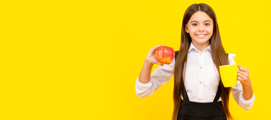 Sticker - happy school kid in uniform hold apple and water bottle, water hydration. Horizontal poster design. Web banner header, copy space.