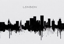 Skyline In Black And White Of The City Of London, Capital Of England And The United Kingdom. Modern Cityscape With Buildings And Big Ben And Title London. For Poster Decoration Of Londoner.
