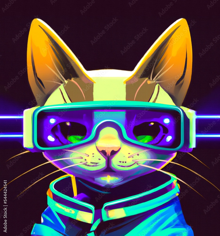 Cartoon cyberpunk cute funny cat with glasses in neon light on black ...