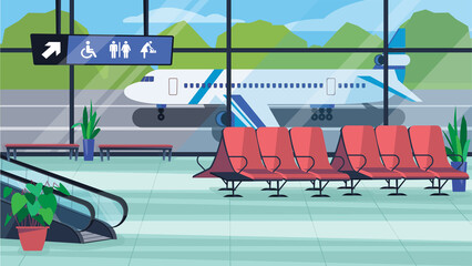 Wall Mural - Airport waiting hall interior concept in flat cartoon design. Lobby room with seating, stairs for boarding gate, window and plane. Airline transportation. Illustration horizontal background