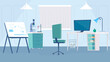 © DesignSells - Science laboratory interior concept in flat cartoon design. Scientist workplace, desk with computer, chair, microscope and test tubes, presentation board. Illustration horizontal background