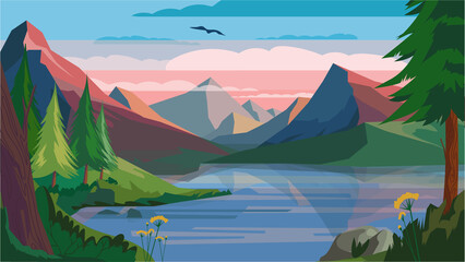 Wall Mural - Mountain morning landscape concept in flat cartoon design. Dawn at mountains peaks, lake, forest and plants on slopes lakeside. Wildlife panoramic view. Illustration horizontal background