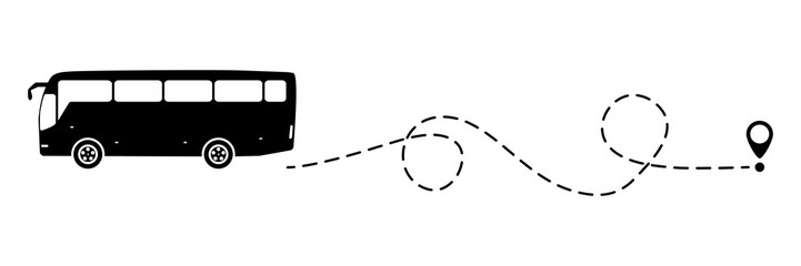 Wall Mural - bus icon with line start point. bus driving on dotted route with map pin. vector isolated on white.