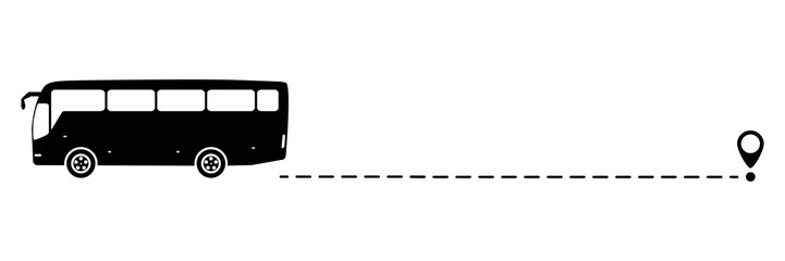 Wall Mural - bus icon with line start point. bus driving on dotted route with map pin. vector isolated on white.