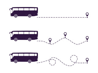 Wall Mural - bus with line start point set. bus driving on dotted route with map pin group. vector isolated on wh