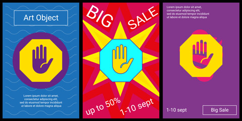 Poster - Trendy retro posters for organizing sales and other events. Large stop hand symbol in the center of each poster. Vector illustration on black background