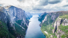 Breathtaking Aerial Drone View Into The Lysefjorden In Norway On A Cloudy Summer Day