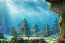 Fantasy Illustration Of Underwater View Of Submerged Ruins Of Ancient City With Stone Figurines And Walls