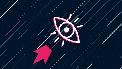 Poster - Vision symbol flies through the universe on a jet propulsion. The symbol in the center is shaking due to high speed. Seamless looped 4k animation on dark blue background with stars