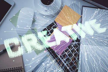 Poster - Start up theme drawing over computer on the desktop background. Top view. Double exposure. Brainstorm concept.